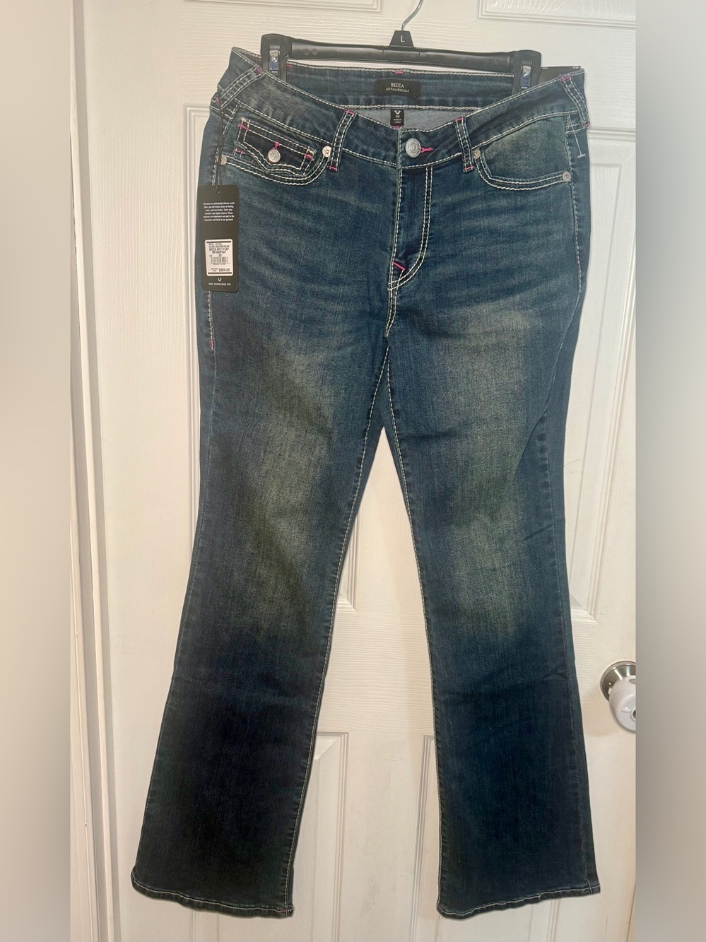 True Religion Dark Blue Flare Jeans with Pink Stitching new style